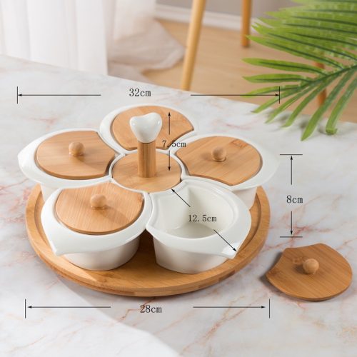 Khay mứt sứ trắng đế gỗ hình hoa 5 cánh - Image 3