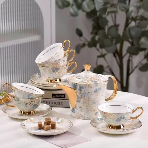 Bộ bình trà sứ xương mạ vàng-066