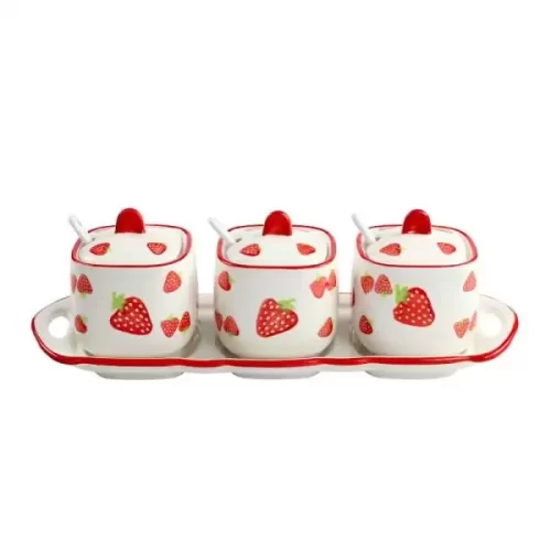 Bộ 3 hũ gia vị kèm khay sứ tặng thìa cao cấp
