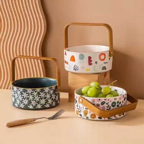 Giỏ sứ hoa quả , giỏ sứ quai gỗ sách tay, giỏ bánh kẹo,khay hoa quả