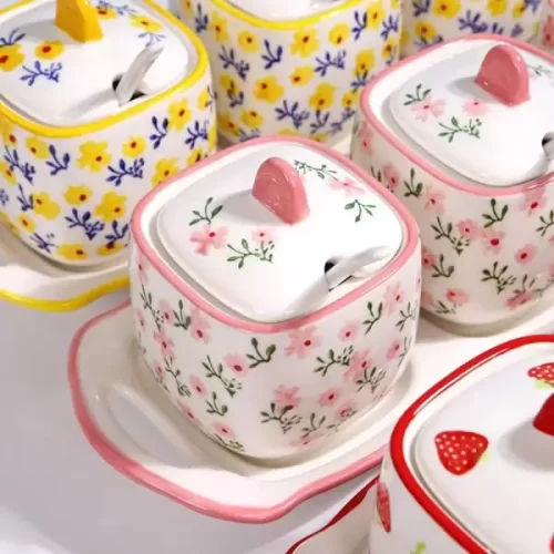 Bộ 3 hũ gia vị kèm khay sứ tặng thìa cao cấp