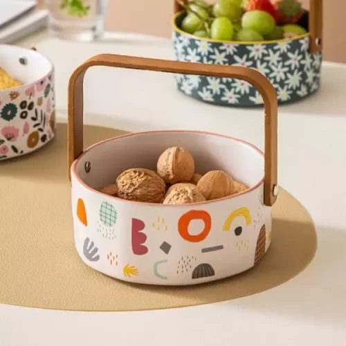Giỏ sứ hoa quả , giỏ sứ quai gỗ sách tay, giỏ bánh kẹo,khay hoa quả