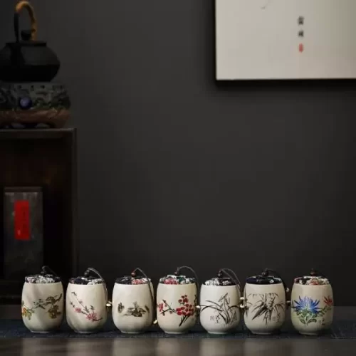 Hũ đựng trà gốm thô họa tiết hoa Mai, Lan, Cúc, Trúc