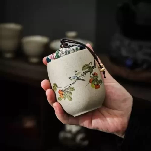 Hũ đựng trà gốm thô họa tiết hoa Mai, Lan, Cúc, Trúc