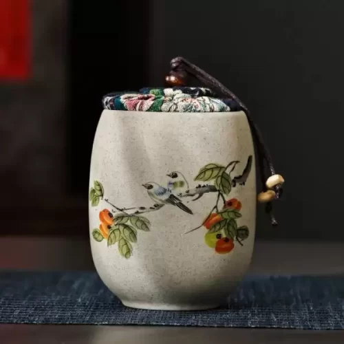 Hũ đựng trà gốm thô họa tiết hoa Mai, Lan, Cúc, Trúc