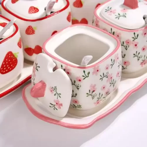 Bộ 3 hũ gia vị kèm khay sứ tặng thìa cao cấp